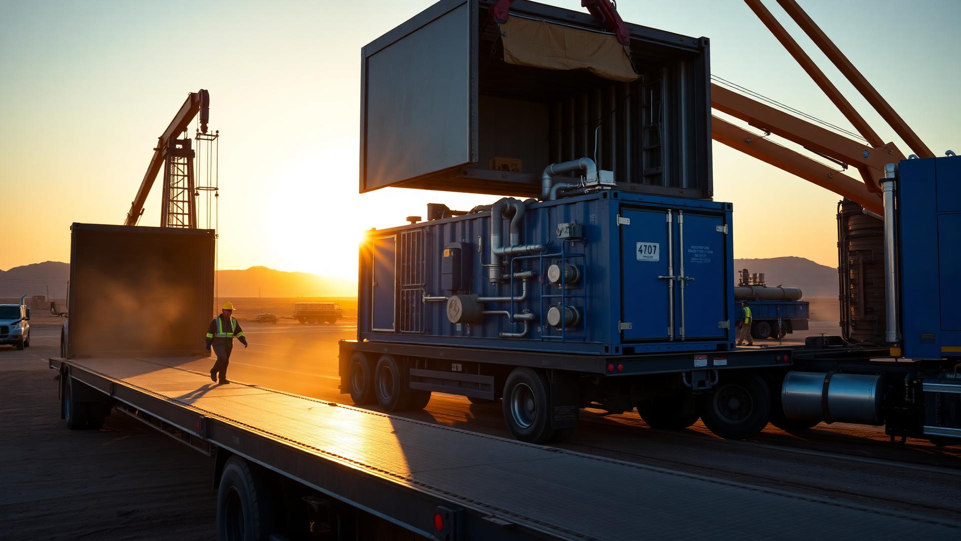 Modular WFS rental treatment skid being offloaded at an oilfield site