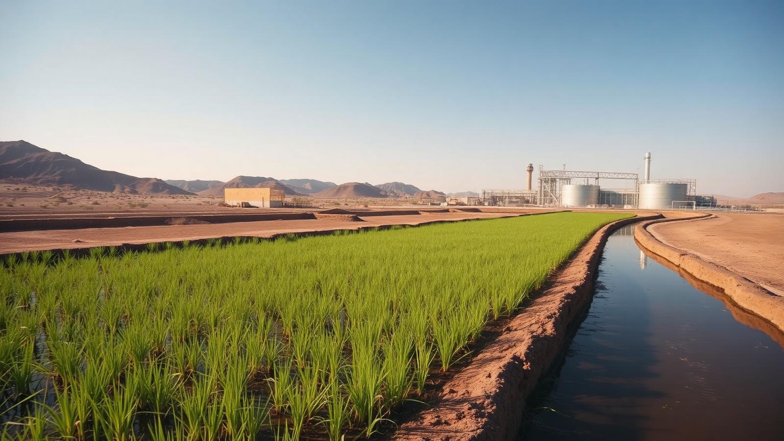 Constructed reed-bed wetland polishing treated produced water beside an arid-region treatment plant