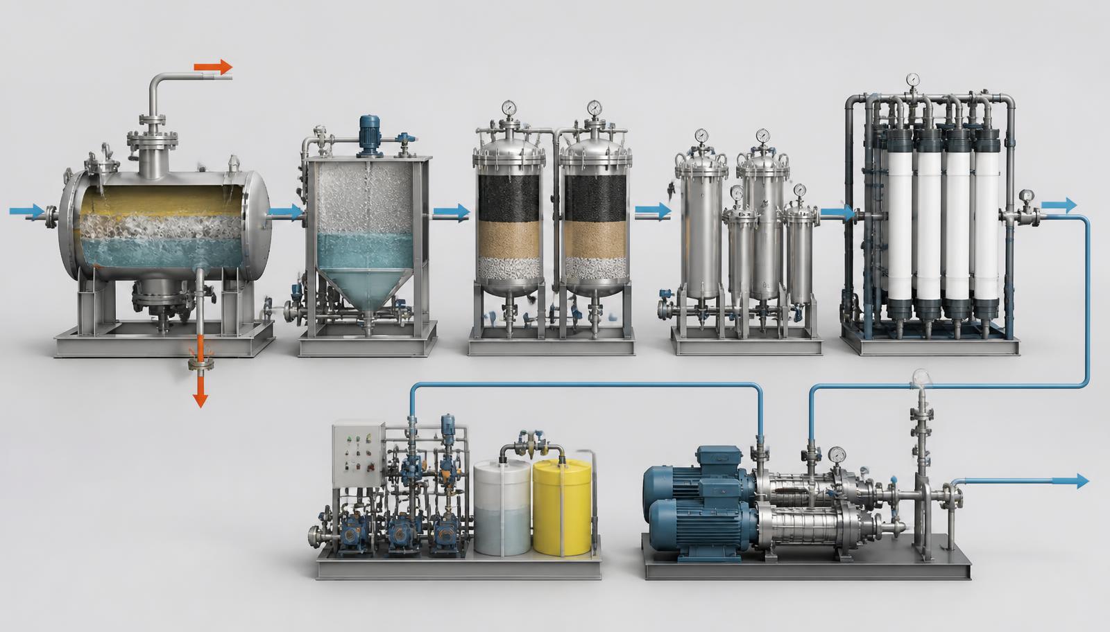WFS produced-water reinjection treatment train, from three-phase separation through ultrafiltration and injection pumps