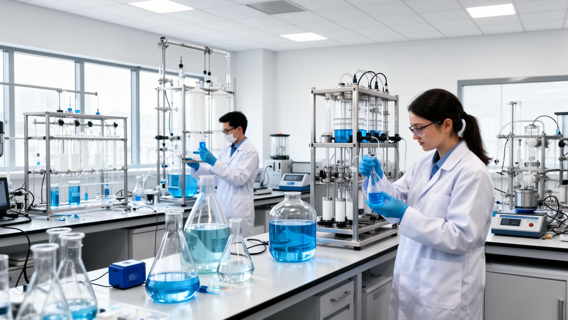 Water treatment laboratory with scientists analyzing samples and pilot equipment